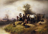 Bauernfamilie bei der Kornernte und Kavallerie