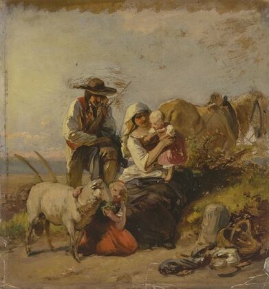 Bauernfamilie mit Pferd und Ziege auf dem Feld
