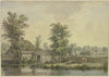 Bauernhaus am Wasser, bei einem Schubkarren eine Kuh