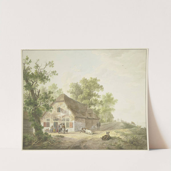 Bauernhaus am Weg, auf dem fünf Kühe und ein Reiter sind, vor dem Haus fünf Figuren und ein Hund (1803) by Abraham Teerlink