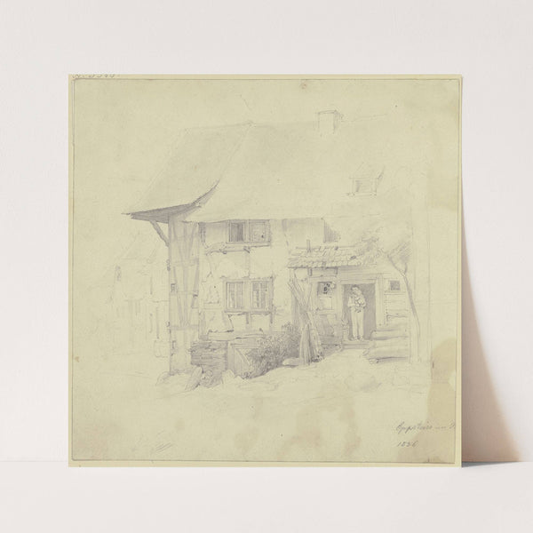 Bauernhaus in Eppstein, unter der Haustür steht ein Mann mit einem Kind auf dem Arm (1836) by Jakob Fürchtegott Dielmann