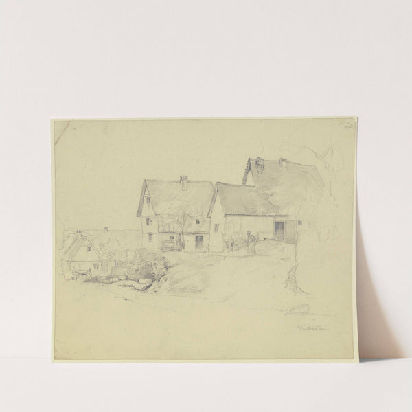 Bauernhäuser an der Straße, auf der Höhe vor den Häusern zwei Frauen by Jakob Fürchtegott Dielmann