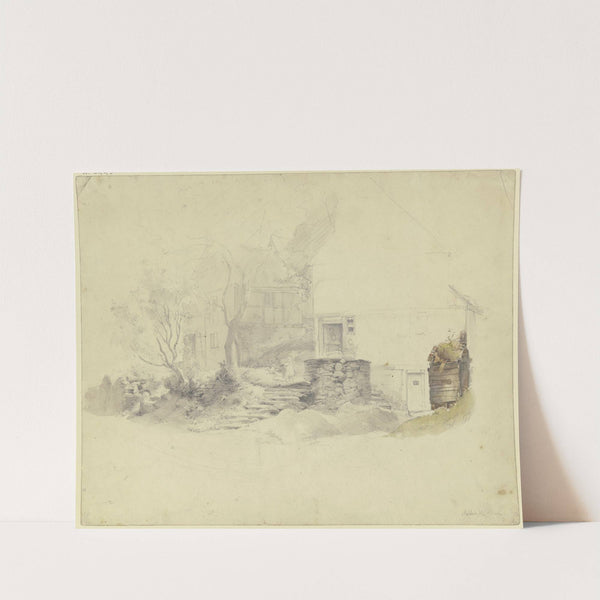 Bauernhäuser, auf der Treppe ein Kind, weiter oben zwei Zuber, rechts ein Abtritt by Jakob Fürchtegott Dielmann