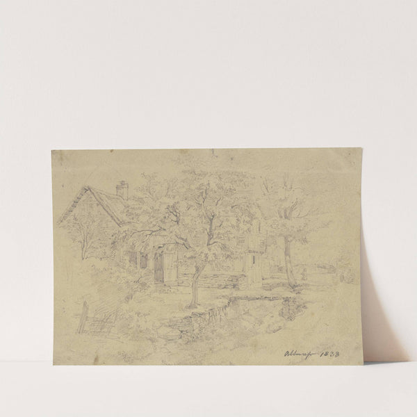 Bauernhäuser unter Bäumen, vor demselben ein Mahnmal, überbrückter Bach, in der Ferne mehrere Kinder (1833) by Jakob Fürchtegott Dielmann