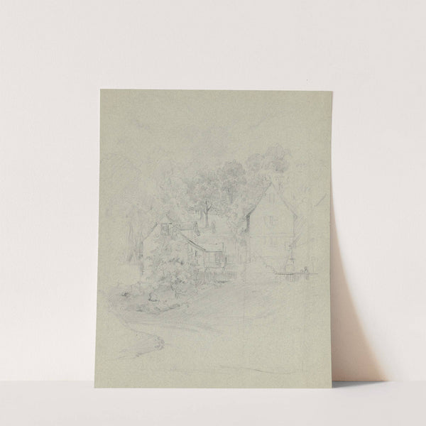 Bauernhäuser zwischen Bäumen, vorne ein Zaun, an welchem rechts zwei Kinder stehen by Jakob Fürchtegott Dielmann