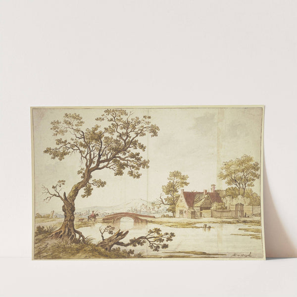 Bauernhof bei einer steinernen Brücke, über welche ein Reiter in rotem Mantel begleitet von einem Hund reiten will by Aernout Ter Himpel