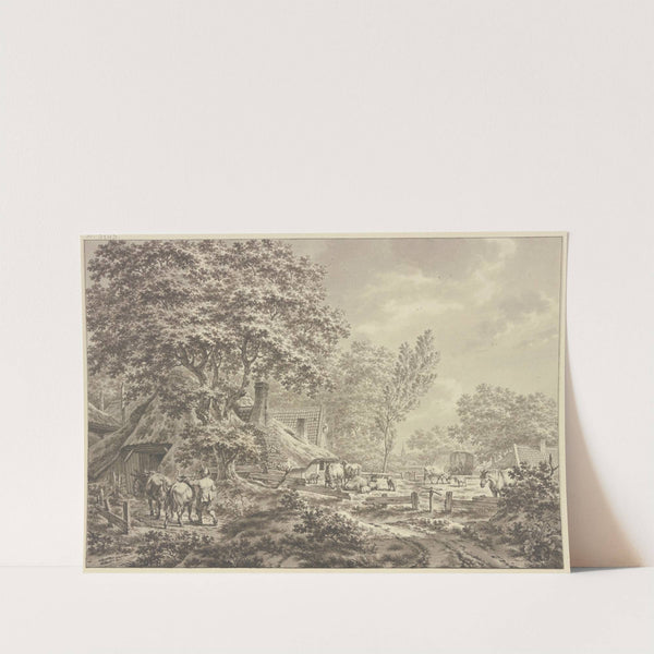 Bauernhof im Wald mit vielem Vieh, in der Ferne ein Heuwagen, rechts ein Pferd by Jacob Cats