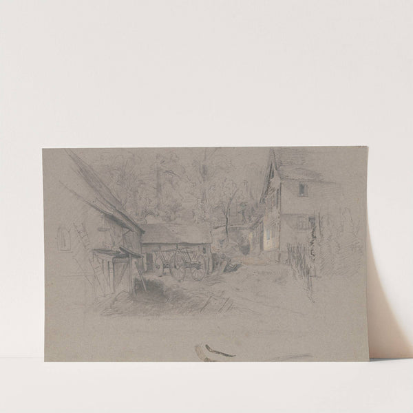 Bauernhof, links an den Ställen bei dem Mist steht ein Leiterwagen, rechts das Wohnhaus mit Zaun, im Hintergrund Bäume by Jakob Fürchtegott Dielmann