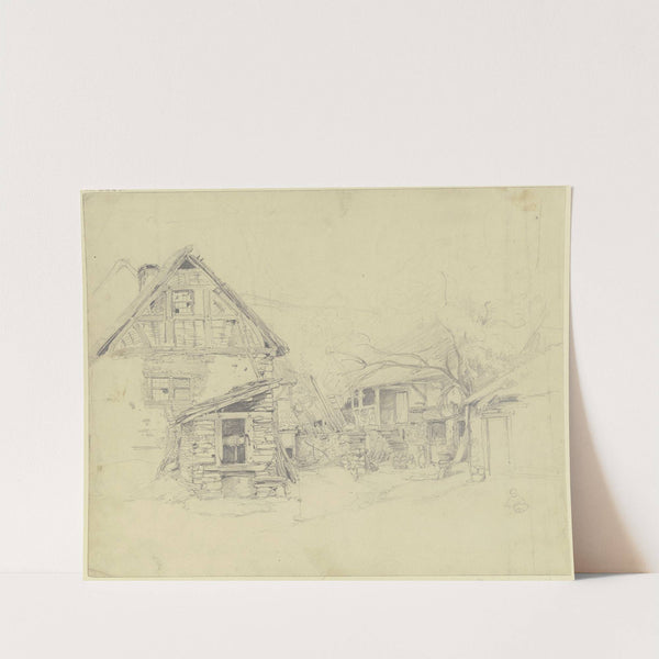 Bauernhof, links ein Ziehbrunnen, im Hintergrund an einer Treppe eine Gruppe Kinder by Jakob Fürchtegott Dielmann