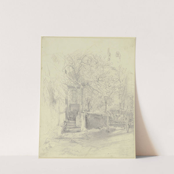 Bauernhof, links führt eine bedeckte Treppe ins Haus, rechts steht ein Wagen, im Hintergrund Bäume by Jakob Fürchtegott Dielmann