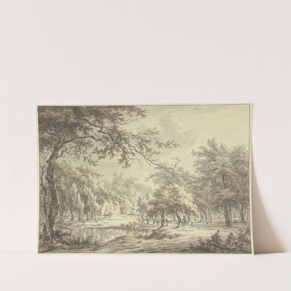 Bauernhof mit großem Heuhaufen in einem Wald, im Mittelgrund Schafe an einem Weiher by Egbert van Drielst