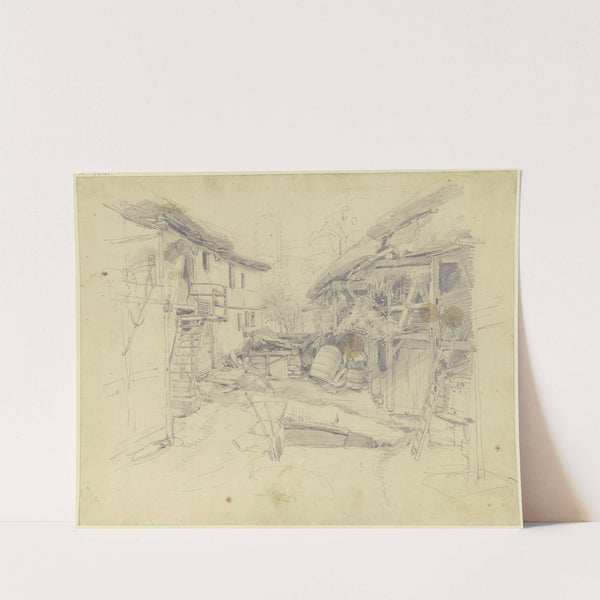 Bauernhof mit mehreren Fässern und sonstigem Gerät, links führt eine hölzerne Stiege ins Haus, rechts steht eine Leiter am Mistpfuhl by Jakob Fürchtegott Dielmann