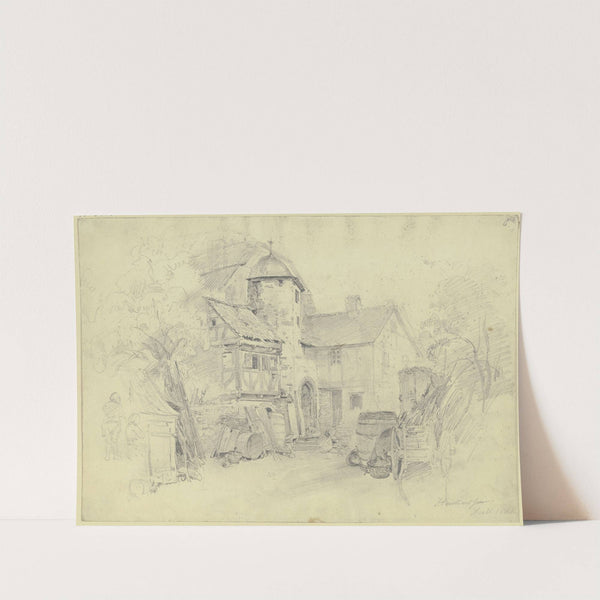 Bauernhof, rechts ein Wagen, Fässer und ein Korb (1843) by Jakob Fürchtegott Dielmann