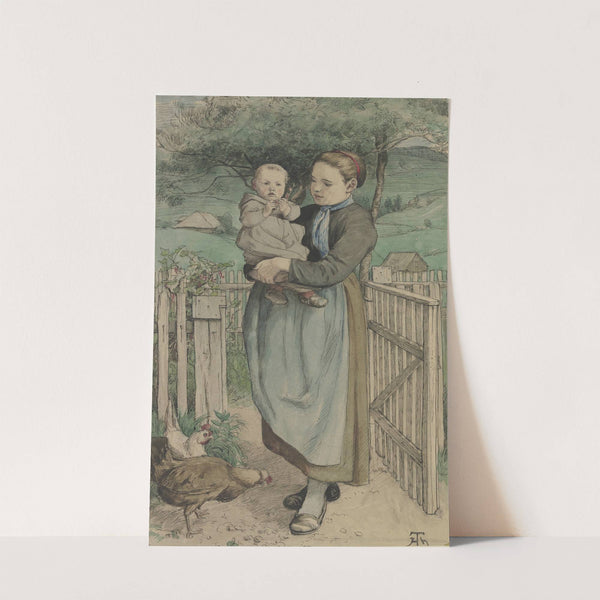 Bauernmädchen mit einem Kind auf dem Arm an einem Holzgitter stehend by Hans Thoma