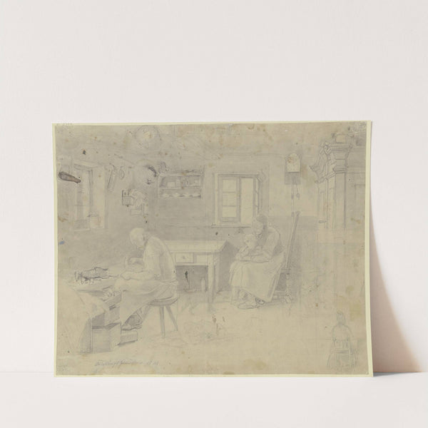 Bauernstube, links sitzt der Schuster an der Arbeit, rechts am Fenster die Frau mit dem Kind (1841) by Jakob Fürchtegott Dielmann