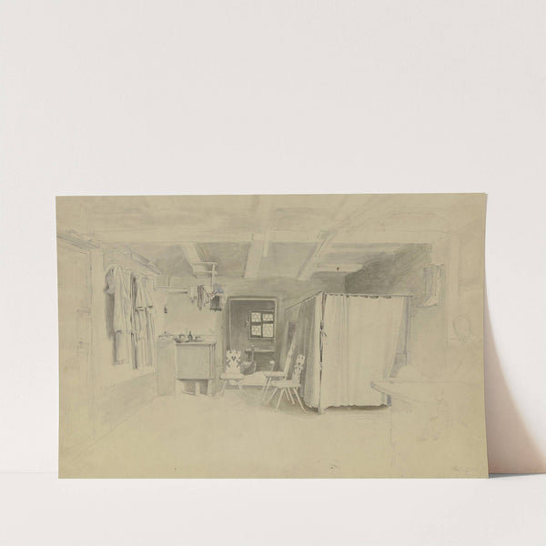 Bauernstube, rechts das Bett mit Vorhang, an der Wand hängt ein Paar Stiefel, links der Ofen, an der Wand hängen verschiedene Kleider (1841) by Jakob Fürchtegott Dielmann