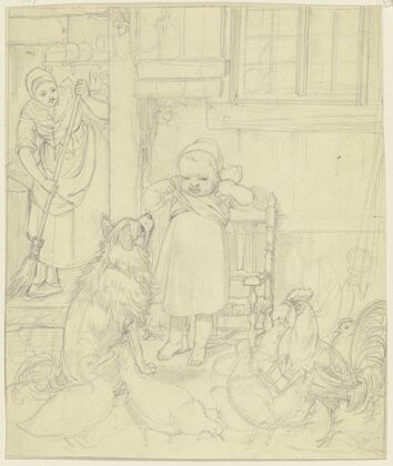Bauersfrau, Kind, Hund und Hühner