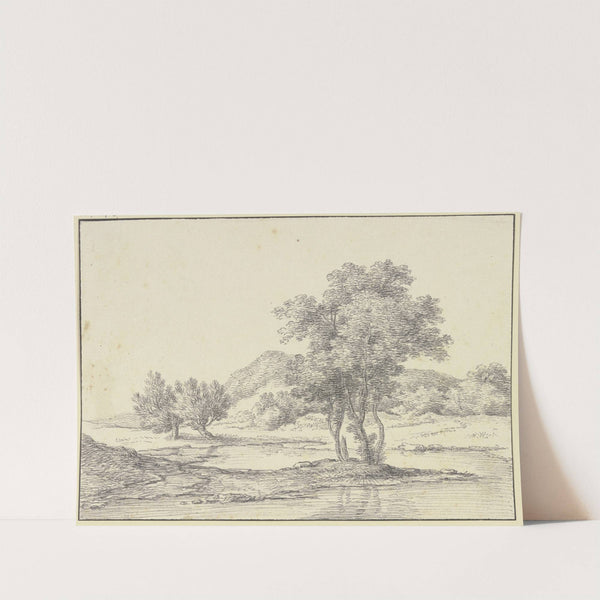 Baumgruppe am Wasser, links zwei Weidenbäume, im Hintergrund Berge by Ferdinand Kobell