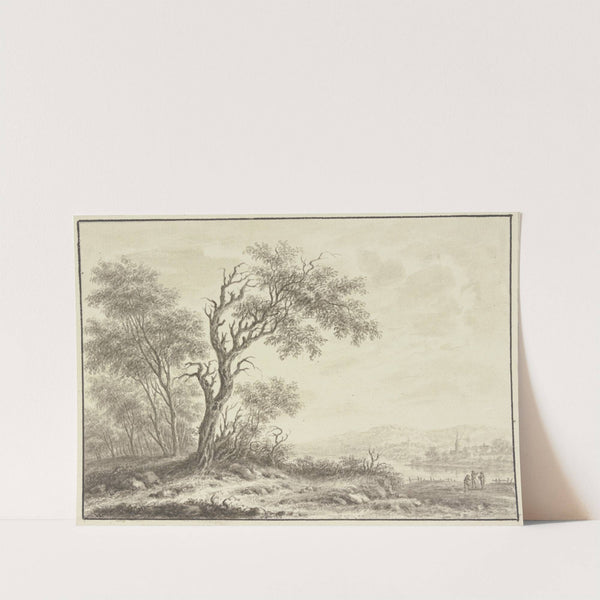 Baumgruppe an einem Flußufer, im Hintergrund ein Dorf by Johann Caspar Zehender