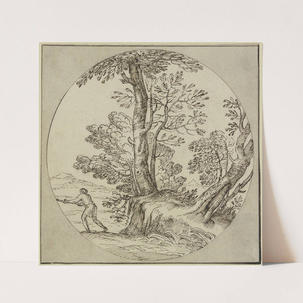 Baumpartie am Wasser, ein Mann nach links by Giovanni Francesco Grimaldi