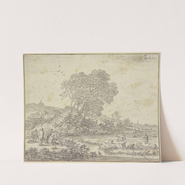 Baumpartie am Wasser, Leute sind auf dem Felde beschäftigt, links am Bach drei Angler by Pieter de Molijn