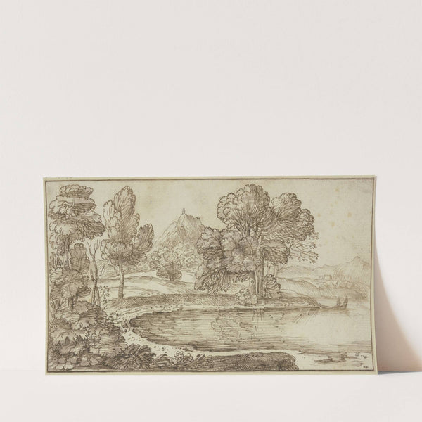 Baumpartie am Wasser, rechts Kahn mit zwei Figuren by Giovanni Francesco Grimaldi