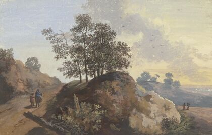 Baumpartie mit Felsen zwischen zwei Wegen, links zwei Männer, einer beritten, rechts zwei Figuren und Blick in die Ferne