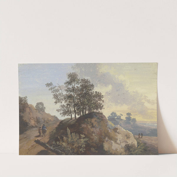 Baumpartie mit Felsen zwischen zwei Wegen, links zwei Männer, einer beritten, rechts zwei Figuren und Blick in die Ferne by Johann Alexander Thiele