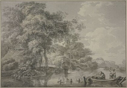 Baumpartie mit Fischerhütten an einem Fluss, rechts im Vordergrund ein Kahn mit zwei Männern, die Reußen legen, dabei vier schwimmende Enten