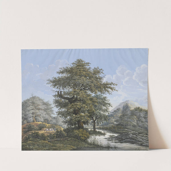 Baumreiche Landschaft, in der Mitte eine Eiche am Ufer eines Flusses by Johann David Passavant