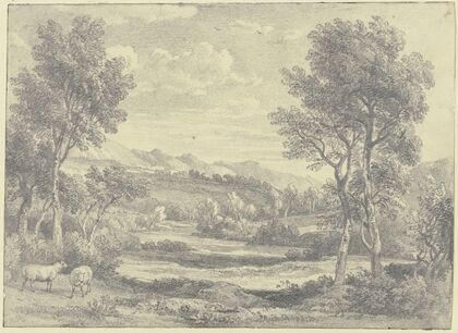 Baumreiche Landschaft mit zwei Schafen im Vordergrund