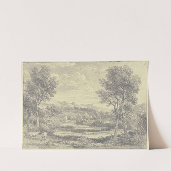 Baumreiche Landschaft mit zwei Schafen im Vordergrund by Ramsay Richard Reinagle