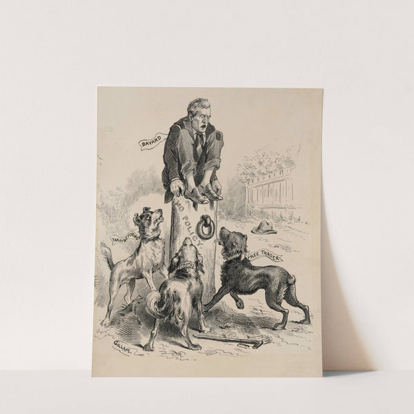 Bayard crouching atop tree stump ‘No Policy,’ terrorized by three angry dogs ‘Tariff Reformer,’ ‘Protectionist,’ ‘Free Trader’ (1884) by Bernard Gillam