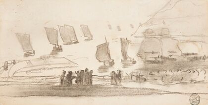 Beach Scene with People and Fishing Boats, Cullercoats, England (1881-1882)