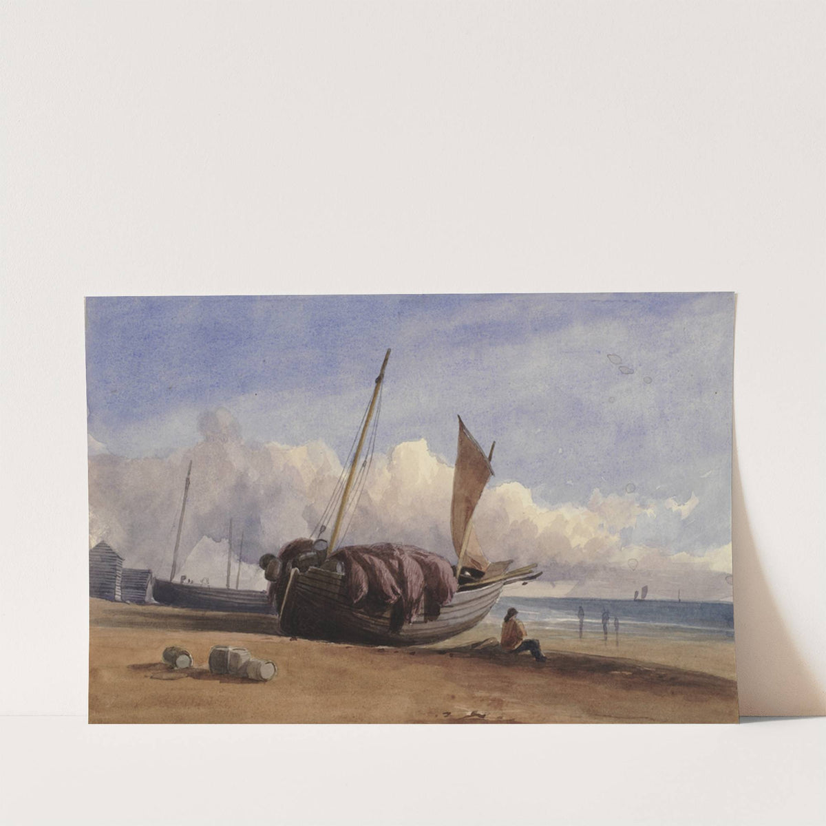 Beached fishing boat with seated fisherman by Charles Bentley