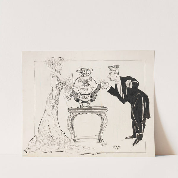 Beautiful young woman and a crowned gentleman greeting money bag on table (1908) by Frank Arthur Nankivell