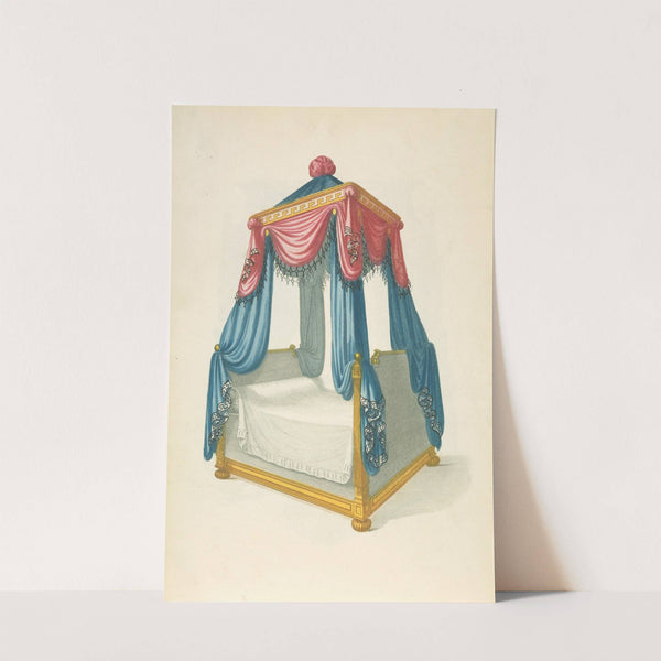 Bed with blue and red drapery by Thomas Sheraton