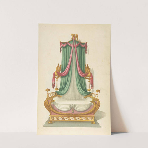 Bed with green and pink drapery and ornimental eagles by Thomas Sheraton