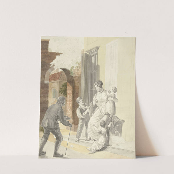 Bedelaar ontvangt een aalmoes van een dame by Pieter Bartholomeusz. Barbiers