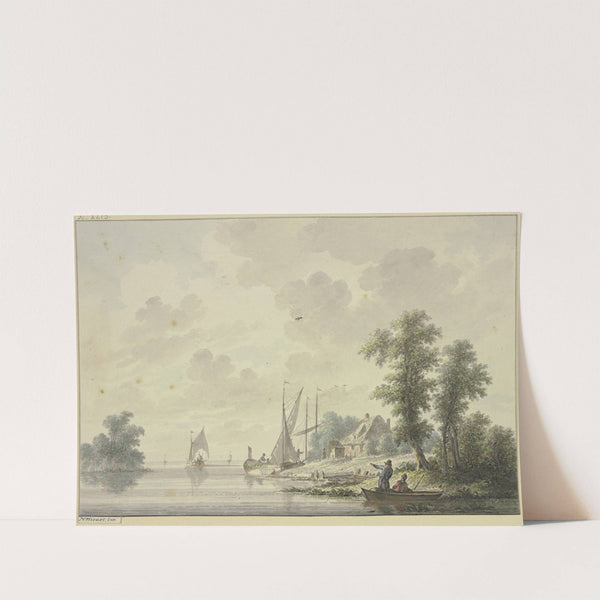 Bei einem Bauernhaus liegt eine Barke, vorne rechts ein Ufer, bei einigen Bäumen ein Kahn mit zwei Männern by Nicolaas Wicart