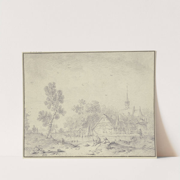 Bei einem Dorf am Wasser vorn zwei sitzende Männer by Hendrik Meyer