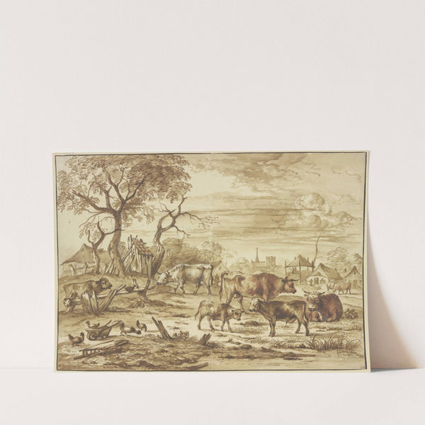 Bei einem Dorf Kühe und Kälber, links bei einem Schubkarren Hühner by Michiel Carree