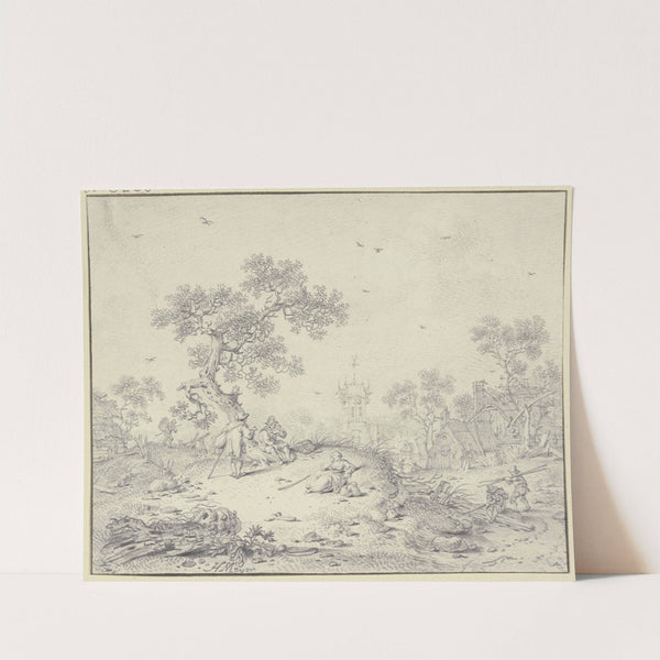 Bei einem Dorf unter einem Baum zwei ausruhende Wanderer, vor ihnen ein ruhendes Mädchen by Hendrik Meyer