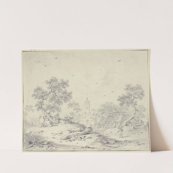 Bei einem Dorf unter einem Baum zwei ruhende Wanderer und ein stehendes Mädchen by Hendrik Meyer