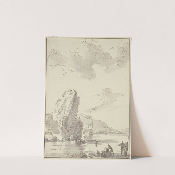 Bei einem großen Fels ein Boot, weiter hinten ein großes Schiff by Ludolf Backhuysen