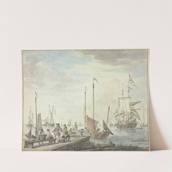 Bei einem Holzdamm liegen Boote, ein Handelsherr mit seiner Frau läßt Waren einladen by Abraham Storck