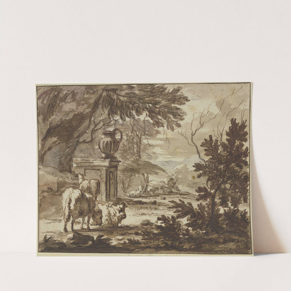 Bei einem Monument mit einer großen Vase ein Hirte mit Schafen by Jacob van der Does