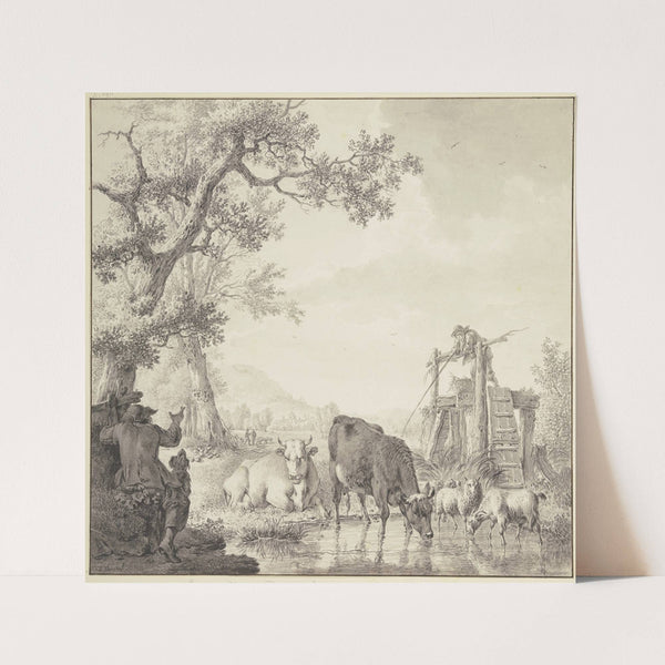Bei einem Wasser zwei Kühe, zwei Pferde und eine Ziege, links der Hirte mit dem Hunde by Bernhard Hendrik Thier