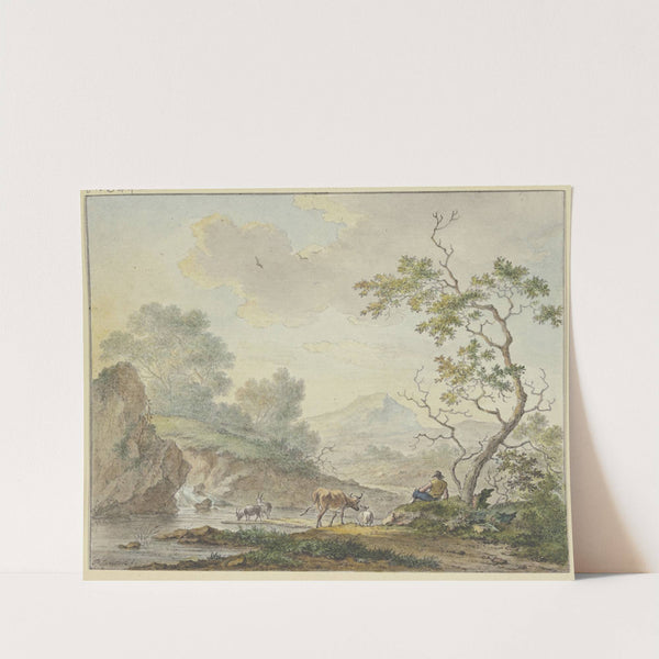 Bei einem Wasserfall ein Hirte mit einer Kuh und Ziegen by Johannes Christiaan Janson