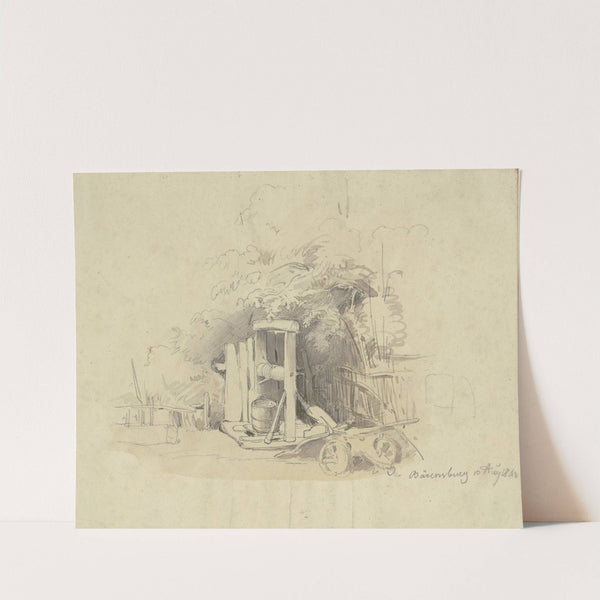 Bei einem Zaun eine Winde mit Zuber, Schubkarren und anderen Geräten zum Brunnengraben (1842) by Jakob Fürchtegott Dielmann